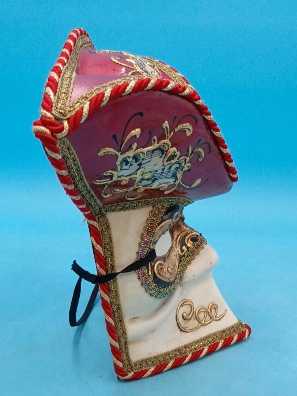 Authentic Venetian Hand Painted Tricorn Pirate Mask Red Gold White Made in Italy